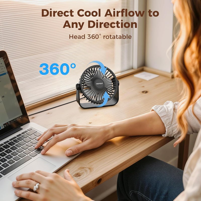 TriPole مروحة مكتب USB محمولة صغيرة قوية 3 سرعات هواء مروحة شخصية مكتبية مع دوران رأس 360° للاستخدام المنزلي والمكتبي والسيارة داخليًا وخارجيًا باللون الأسود، بدون بطارية، 4.5 بوصة - Image 5